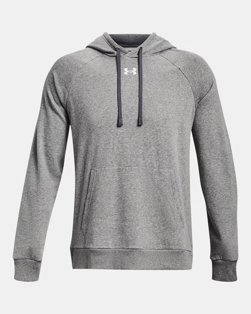 Mens UA Rival Fleece Hoodie (Castlerock Light Heather / White)