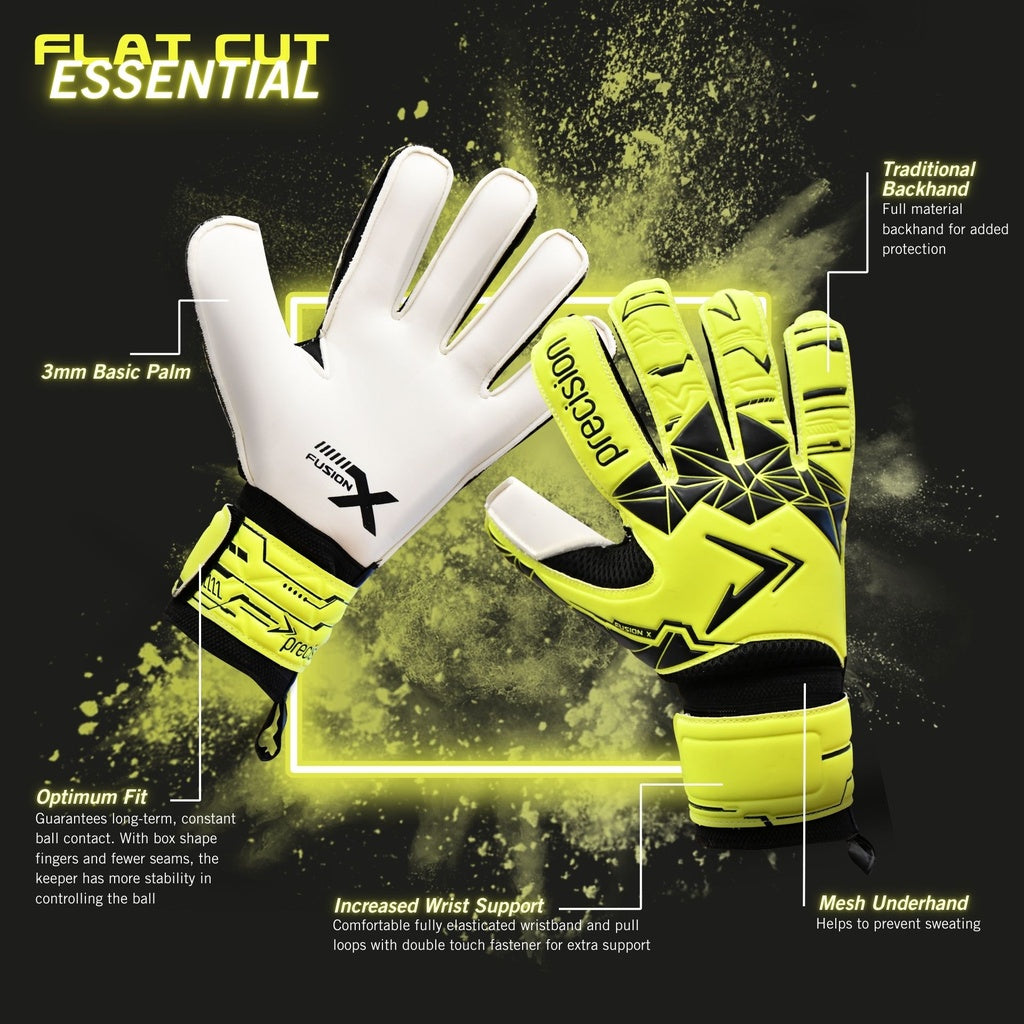 Precision Junior Fusion X Flat Cut Essential Goalkeeper Gloves (Fluo Yellow/Black)
