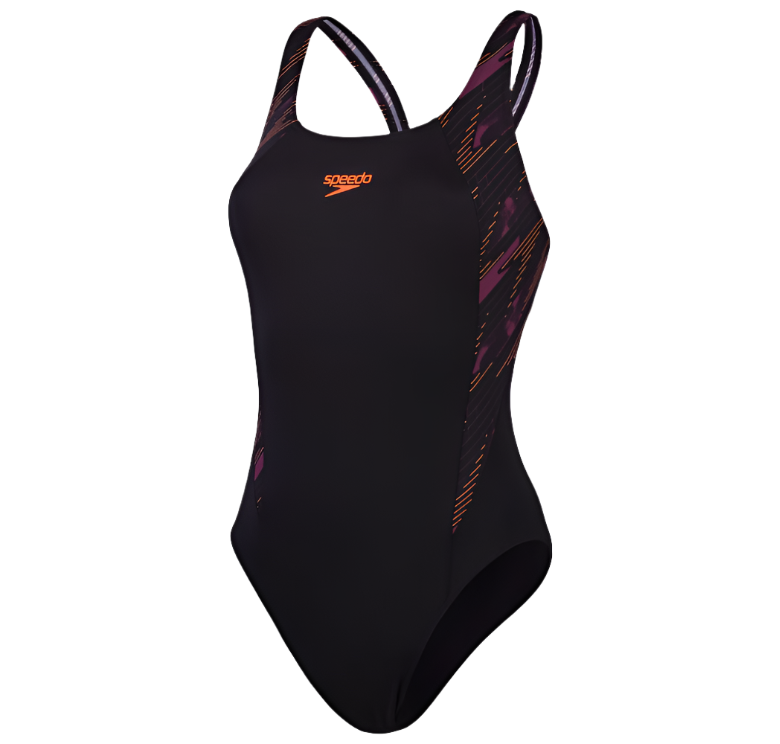 Womens HyperBoom Splice Muscleback Swimsuit (Black/Purple/Coral)