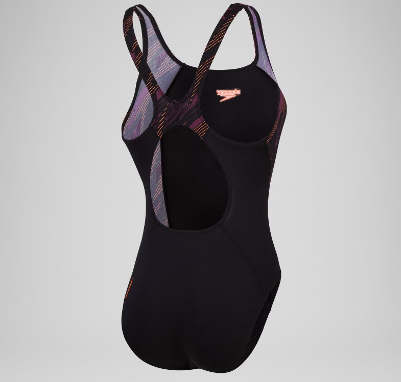 Womens HyperBoom Splice Muscleback Swimsuit (Black/Purple/Coral)