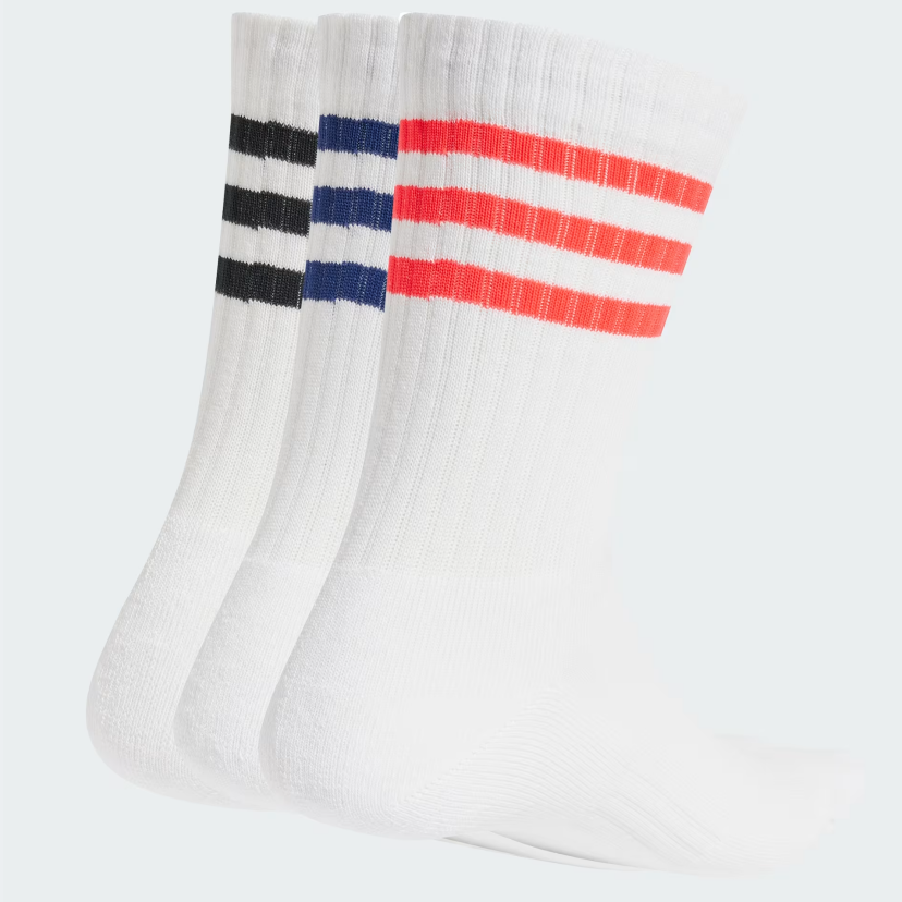 Mens 3-Stripes Cushioned Crew Socks 3 Pairs (White)