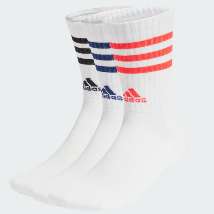 Mens 3-Stripes Cushioned Crew Socks 3 Pairs (White)