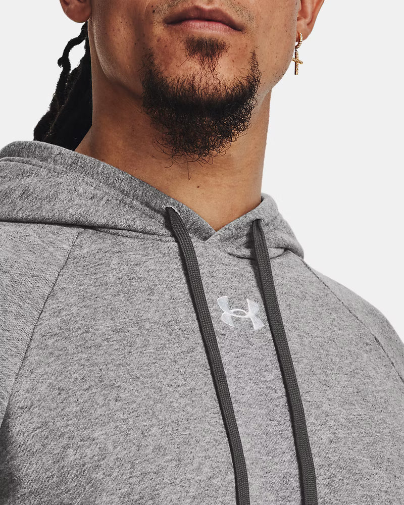 Mens UA Rival Fleece Hoodie (Castlerock Light Heather / White)