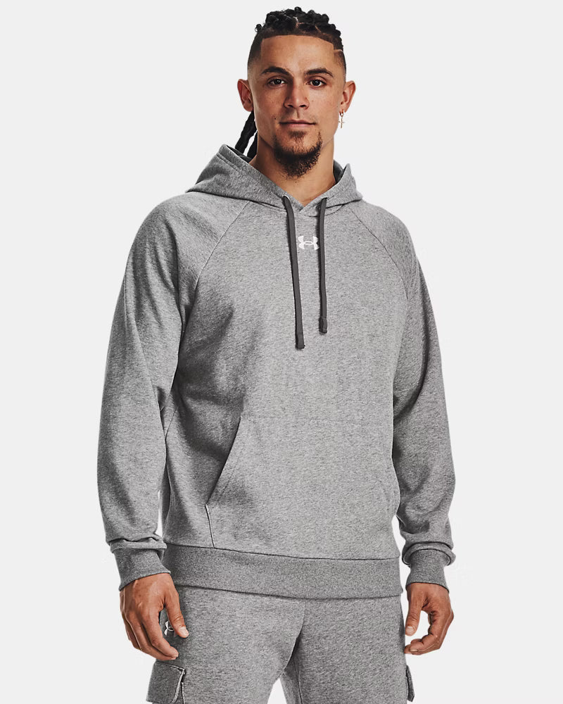 Mens UA Rival Fleece Hoodie (Castlerock Light Heather / White)