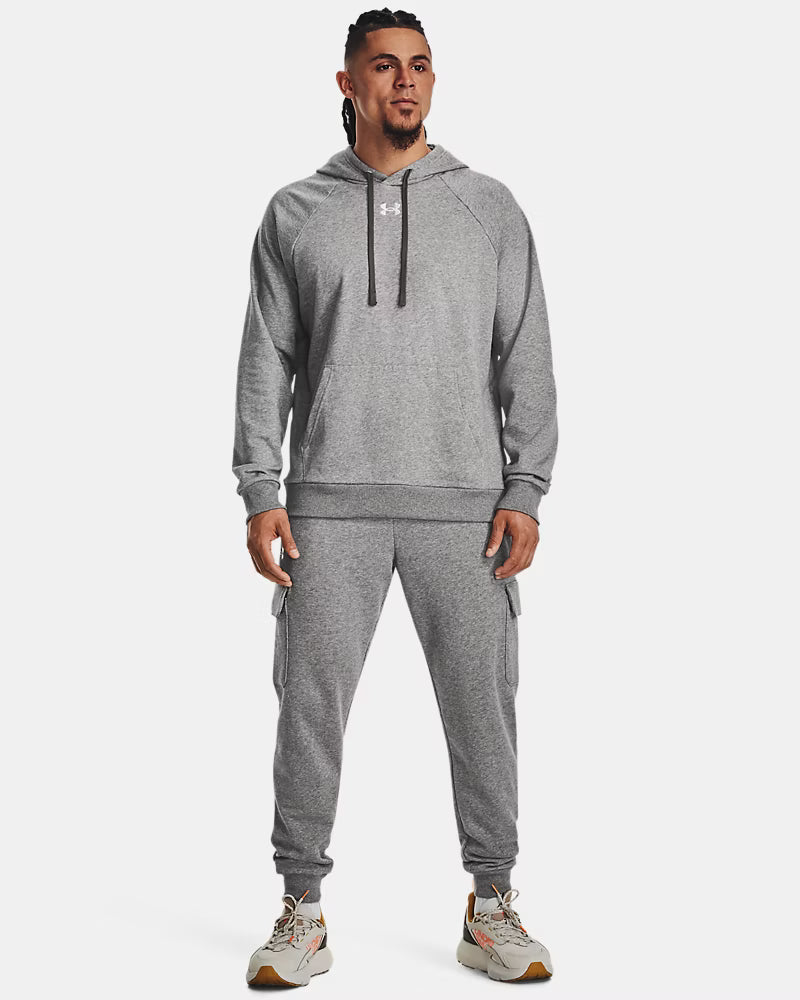 Mens UA Rival Fleece Hoodie (Castlerock Light Heather / White)